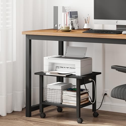 TUTOTAK Printer Stand, 2 Tier Rolling Printer Cart with Charging Station | Small Under Desk Printer Table with Wheels for Small Space, Office, Home, Black PS01BK001P - color: Black, size: 2 tier(18.9 x 11.8 x 15.4inchs)
