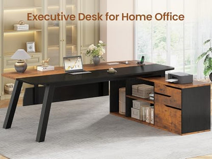 SEDETA 71" L Shaped Executive Desk with File Cabinet & Power Outlet - color: Brown