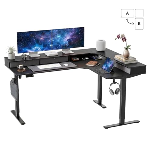 CubiCubi 63x48 Inches L Shaped Standing Desk with 3 Drawers and Monitor Shelf, Height Adjustable Corner Computer Desk with Hooks, Sit Stand Up Ergonomic Home Office Workstation Table, Black - color: Black, size: 63"x48"