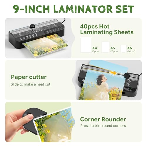 9-Inch Laminator Machine,A4 Cold & Thermal Laminator Machine,85-Second Quick Heat-Up,Thermal Lamination ABS Jam-Release,40 Pouches,Paper Cutter & Corner Rounder - Perfect for Teachers, Home & Office