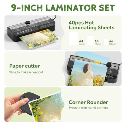 9-Inch Laminator Machine,A4 Cold & Thermal Laminator Machine,85-Second Quick Heat-Up,Thermal Lamination ABS Jam-Release,40 Pouches,Paper Cutter & Corner Rounder - Perfect for Teachers, Home & Office