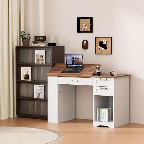 Drafting Table with Storage Cabinet & Drawers, Adjustable Drawing Desk with Open Shelves, Craft Table Painting Desk for Artists, Painters, Drawing, Crafting, Reading, Writing, Working - color: White