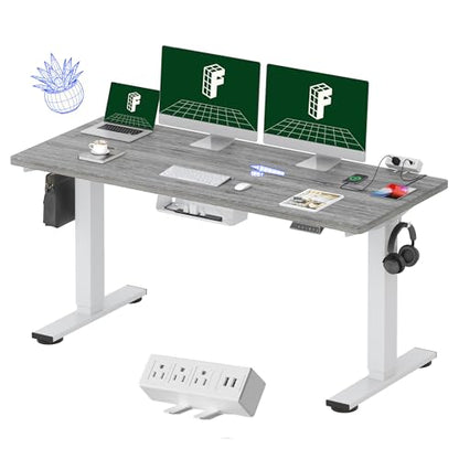 FLEXISPOT EN2 60"x24" Whole-Piece Standing Desk with Power Strip | Whole-Piece Desktop, Easy-Access Clamp Power Strip, Organized Cable Management, Modern Home Office Setup, Gray Wood Grain - color: Gray Wood Grain + White Frame, size: 60x24"