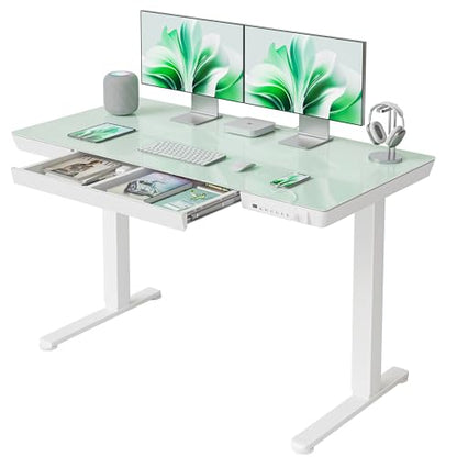 FEZIBO 48 × 24 Electric Standing Desk with Drawers, Whole-Piece Glass Adjustable Height Desk, One-Piece Quick Install Adjustable Sit Stand Desk, White - color: White, size: 48 inch