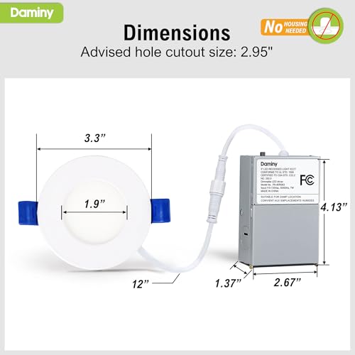 DAMINY 12 Pack 3 Inch LED Recessed Lighting, Canless Wafer Downlight - color: White, size: 3 Inch