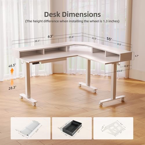 Claiks Dual Motor L Shaped Standing Desk with Drawers, 63inch, White - color: White