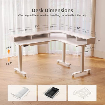 Claiks Dual Motor L Shaped Standing Desk with Drawers, 63inch, White - color: White