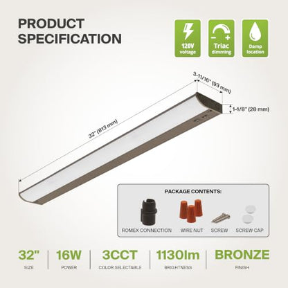 ASD 12 Pack LED Under Cabinet Lighting, 32 inch 16W 1057 LM, Dimmable Hardwired Under Cabinet Lights for Kitchen, 3000K/4000K/5000K, Under Counter Light Fixtures, ETL, Bronze, Bullnose Design - color: 32 Inch Bronze, size: 12 Pack