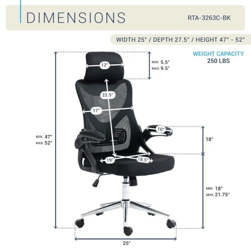 Techni Mobili High Back Mesh Office Chair w/Lumbar Support,Ergonomic, Black