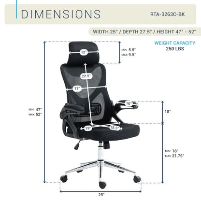 Techni Mobili High Back Mesh Office Chair w/Lumbar Support,Ergonomic, Black