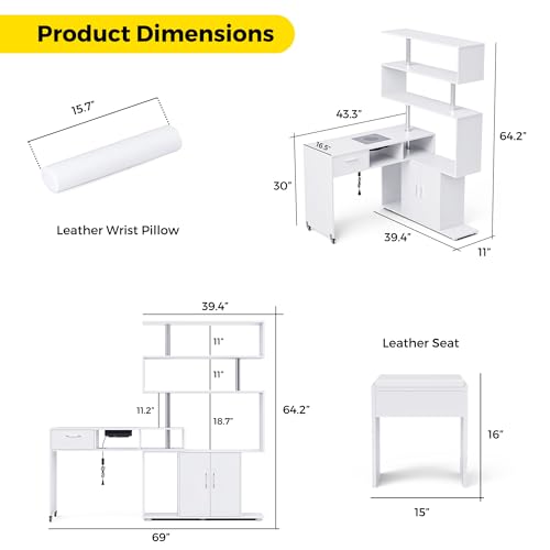 Kikihouse Manicure Table Nail Desk with Dust Collector, L-Shaped Nail Tech Desk with Stool, Two-Way Drawer, Cabinet & Storage Shelves, Rotating Reversible Manicure Workstation on Wheels (White) - color: White