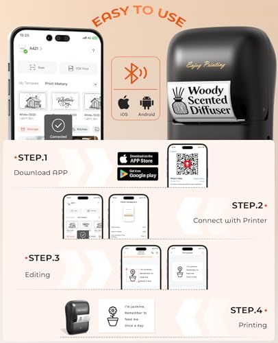 TATTMUSE Label Maker, A421 Sticker Printer | Bluetooth Thermal Label Maker Machine, 2 Inch for Home, Business, Office, Address, Compatible with Phone & PC - color: Black