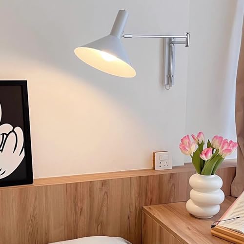 Swing Arm Wall Sconce Plug in Cord Reading Light Wall Mounted Mid Century Modern Lighting Fixture White Chrome Long Adjustable Arm Wall Lamp for Bedroom Bedside Headboard Living Room - color: Without Plug in
