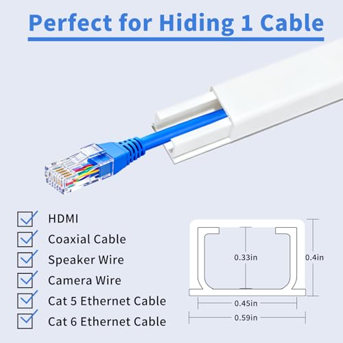 Cord Hider, 80in One-Cord Cable Concealer, Cord Covers for Wires on Wall, Easy Install Cable Management Kit for 2 Small Wires, Cables Raceway Home Office, W0.59in H0.4in, White