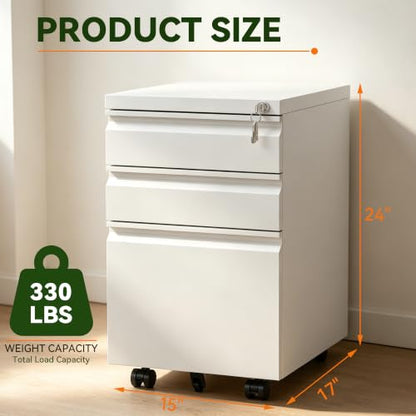 SAWJEC 3 Drawer Mobile File Cabinet Fully Assembled, White | 15"W x 17"D x 24"H, Fit Letter/Legal/A4, Vertical, Locking, Steel, Under Desk Storage, Filing Cabinet, Home Office - color: White, size: 24"H x 15"W x 17"D