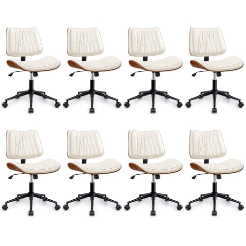 Ergonomic Armless Office Desk Chair - Mid-Century Modern White Faux Leather with Diamond Stitch, Adjustable Height Swivel Rolling Task Computer Chair with Walnut Accent for Home Office, Study & Work - color: Cream White, size: 8 Pack