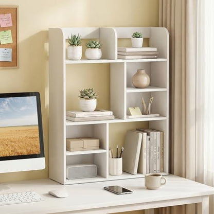 Tangkula Desktop Bookshelf, 5-Tier Desktop Display Rack with 4 Open Shelves & 4 Cubes, Modern Tabletop Bookcase Organizer for Computer Desk, Countertop Storage Hutch for Home Office Dorm (White) - size: 23.5" x 9" x 31.5"