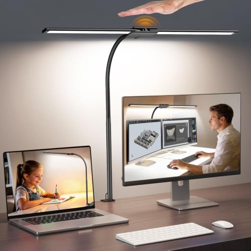 Syrinx LED Desk Lamp with Clamp, Dual Head Eye-Caring Architect Desk Lamp | Adjustable Swing Arms & Flexible Gooseneck, 50 Lighting Modes, Memory & Timer, Gesture & Wired Control for Office & Crafting - color: Black