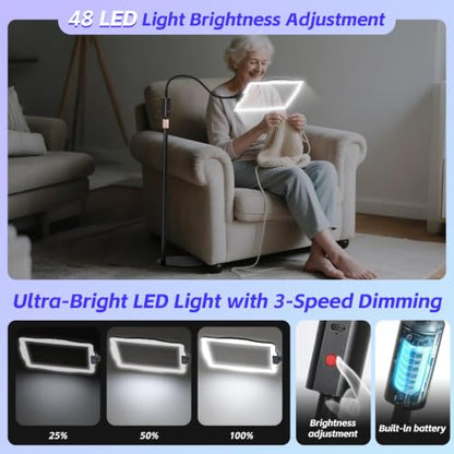 Large Floor Magnifying Glass with Light and Stand, 48-LED Lighted | Lighted Adjustable Height Floor Magnifying Lamp with 360° Flexible Gooseneck, Hands Free Magnifier for Close Work Reading