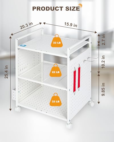 Mythinglogic 3-Tier Rolling Printer Stand with Pegboard and File Holder | Metal cart with adjustable shelves and locking wheels for printers, scanners, paper, craft tools and classroom supplies - color: White