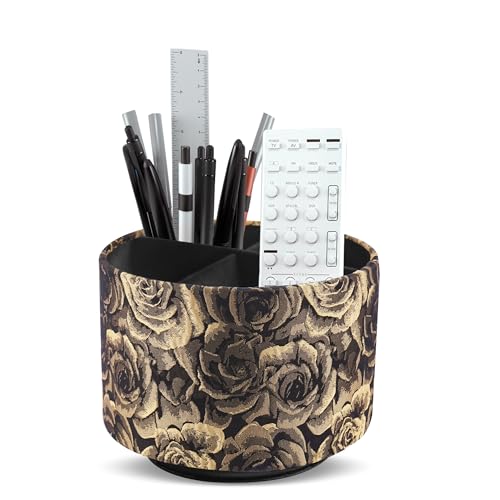 Round Leather Art Supply Organizer,Remote Control Holder,360 Degree Rotating,Multi-Functional Pencil Holder,4 Compartments Desktop Stationary Organizer(1-3D Rose Yellow) - color: 1-3D Rose Yellow