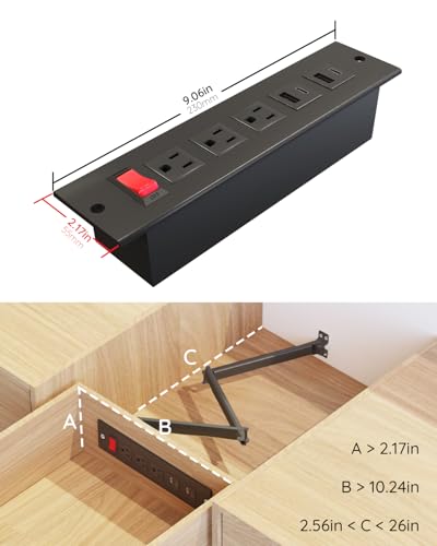 Drawer Outlet Charger Station with Cable Management Arm, Black | USB C PD20W Fast Charger, Under Cabinet Desk Drawer, Power Outlet - color: Black