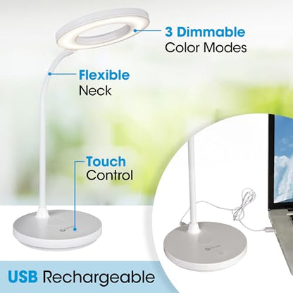 OttLite Vibe LED Ring Light, Rechargeable, 3 Color Temperatures, White | ClearSun LEDs Reduce Eyestrain | 360-Degree Illumination | Flexible Neck | 5.5" Ring Light | USB-Powered or Rechargeable - color: White Desk Light