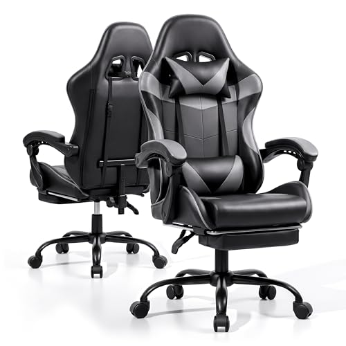 Gaming Chair with Footrest and Lumbar Support, Height Adjustable Chair with 360°Office Desk Chair,Heavy Duty 330lbs Computer Chair for Adults - color: Grey & Black