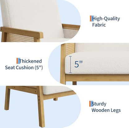 Garvee Boucle Accent Chair, Rattan Armchair with Wooden Frame, High Back, Upholstered Reading Chair Leisure Chairs for Living Room Bedroom Waiting Room Reception, White - color: Boucle, White
