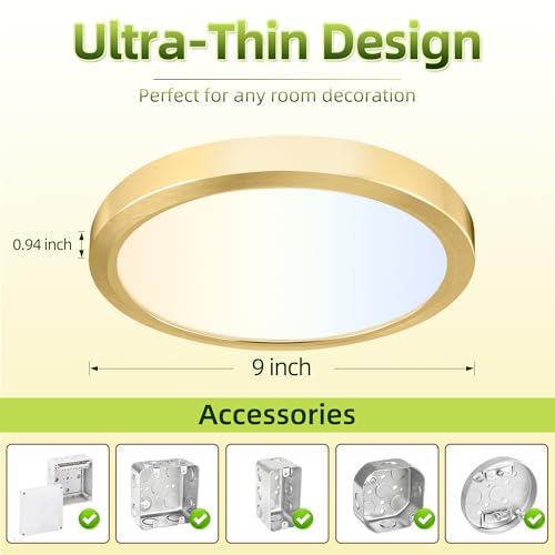 hykolity 9 Inch Selectable CCT LED Round Flat Panel Light,1800LM,2 Pack | 18W 3000K/4000K/5000K, Edge-Lit Flush Mount Ceiling Light Fixture for Kitchen, Bedroom, Laundry and Closet Room,Gold - color: Gold, size: 9 inch
