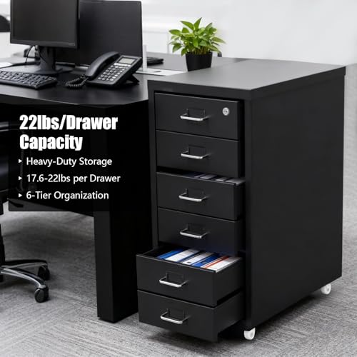 Vertical File Cabinet, 6 Drawer Black Metal File Cabinet with Lock for Office Under Desk Storage – Filing Cabinet on Wheels, Removable Multi Drawer Cabinet for Home Dresser, Black