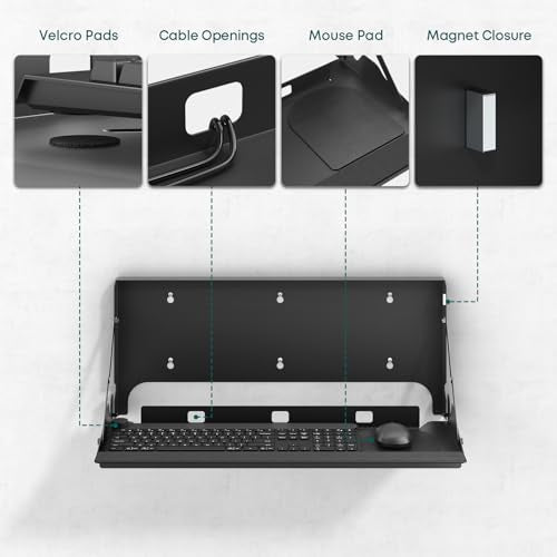 Flip Down Wall Mount Keyboard Tray, 24 Inch Keyboard Holder | Folding Design, Space-Saving, Extra Wide tray with Wrist Support, Mouse Pad and Wrist Pad Included, Holds Up to 22 lbs, Black