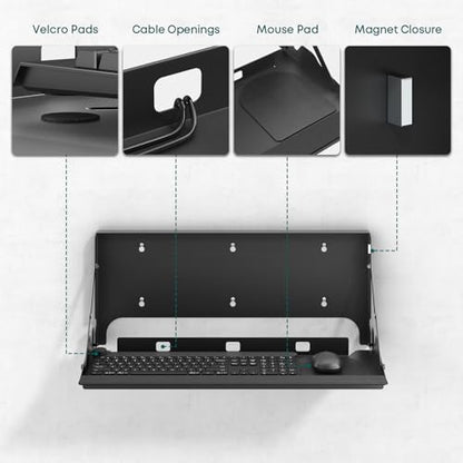 Flip Down Wall Mount Keyboard Tray, 24 Inch Keyboard Holder | Folding Design, Space-Saving, Extra Wide tray with Wrist Support, Mouse Pad and Wrist Pad Included, Holds Up to 22 lbs, Black