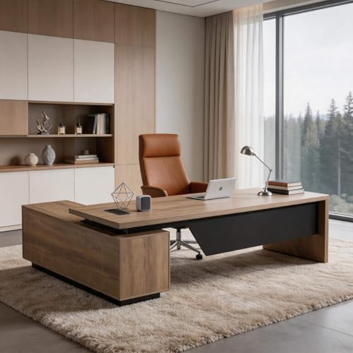 L Shaped Desk with File Drawer, Solid Wood Large Executive Desk for Home Office, Adjustable Width (86.6" to 94.5"), Storage Cabinet & 2 Drawers, Right Return - color: Right, size: 86.6 or 94.5 in