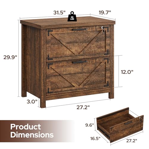 knoworld 2 Drawer Farmhouse File Cabinet, Wood Filing Cabinets for Home Office, Lateral File Cabinet for Hanging Files Letter/Legal/F4/A4 Size, Brown - color: Brown