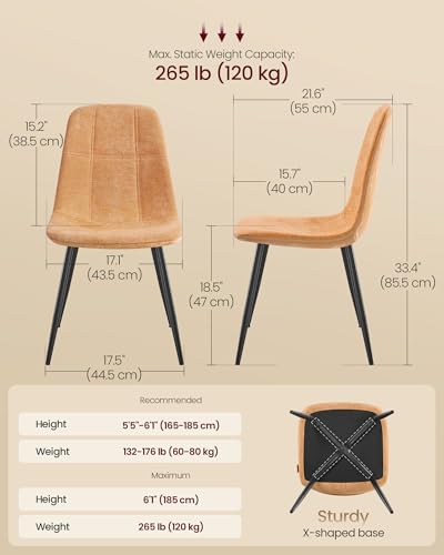 VASAGLE Dining Chairs, Set of 2 Dining Room Chairs, Metal Frame, Adjustable Feet, Easy to Clean, Glacier-Textured Synthetic Leather, for Kitchen, Caramel Brown UKDC187K01 - color: Caramel Brown, size: Set of 2 (PU+Fabric)
