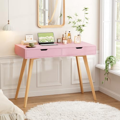 FOTOSOK Writing Desk with 2 Drawers, Small Cute Desk Makeup Vanity Table | Wood Computer Desk with 4 Solid Oak Legs, Home Office Desk & Study Table, Mid Century Desk for Bedroom Small Spaces, Pink - color: Pink
