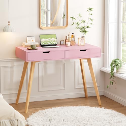 FOTOSOK Writing Desk with 2 Drawers, Small Cute Desk Makeup Vanity Table | Wood Computer Desk with 4 Solid Oak Legs, Home Office Desk & Study Table, Mid Century Desk for Bedroom Small Spaces, Pink - color: Pink