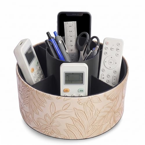 Round Leather Art Supply Organizer,Remote Control Holder,360 Degree Spinning,Multi-Functional Pencil Holder,5 Compartments Desktop Stationary Organizer(1-Carved Apricot) - color: 1-9Carved Apricot, size: 360 Degree Rotation
