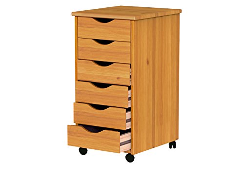Jela-USA Solid Pine Wood 6 Drawer Rolling Cart, Honey Pine - color: Medium Wood, style: 6 Drawer