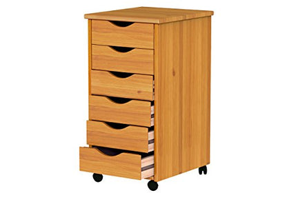 Jela-USA Solid Pine Wood 6 Drawer Rolling Cart, Honey Pine - color: Medium Wood, style: 6 Drawer