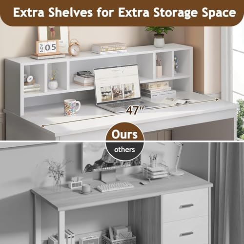 MaverickFurni White Desk with Drawers, 46" Home Office Desk with Hutch and Storage, Small Desk with 3 Drawers for Bedroom, White - color: White
