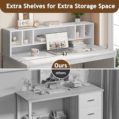 MaverickFurni White Desk with Drawers, 46" Home Office Desk with Hutch and Storage, Small Desk with 3 Drawers for Bedroom, White - color: White