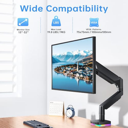 RGB Single Monitor Stand, Gas Spring Monitor Arm with 3 USB Ports, Charging and USB Data Transfer Function, Desk Mount for 13"-32" Monitors up to 19.8lbs, Adjustable Height, Tilt, Swivel, Rotate