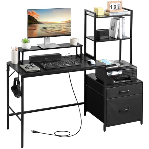 KATHY&BOB 59.1" Computer Desk with Power Outlets and Storage Shelves, Reversible Home Office Desk with 2 Fabric Drawers, Sturdy Writing Table with Detachable Monitor Stand for Small Spaces - color: Black