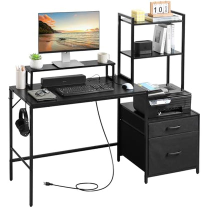KATHY&BOB 59.1" Computer Desk with Power Outlets and Storage Shelves, Reversible Home Office Desk with 2 Fabric Drawers, Sturdy Writing Table with Detachable Monitor Stand for Small Spaces - color: Black