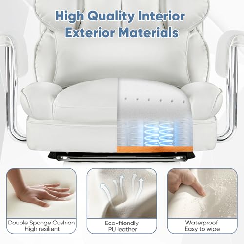 DUMOS Ergonomic Home Office Desk Chair, Executive Chair, PU Leather | Big Tall High Back, Lumbar Support, Reclining Height Adjustable, Computer Gaming, Footrest Swivel Wheels, Snow White - color: Snow White