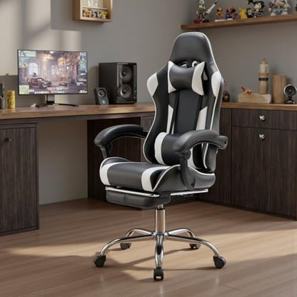 DUMOS Ergonomic Gaming Chair with Footrest, Computer Video Game Chair | Comfy Headrest, Height Adjustable, Linkage Armrests, PU Leather, 360° Swivel Recling, Black White - color: Black White, size: PU Leather 27"D x 25"W x 52"H