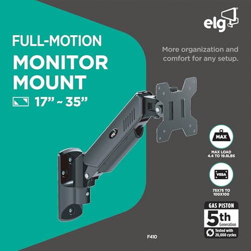 ELG Gas Spring Monitor Wall Mount, Full Motion 17-35" Screens up to 19.8 lbs, 15" Extension from Wall, 360° Rotation, -45°/+90° Tilt, Cable Organizer, VESA 75x75 to 100x100mm, Black