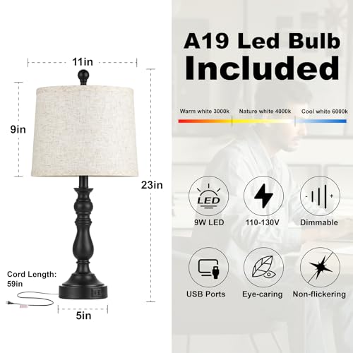 Black Table Lamps Set of 2, Black Lamps for Bedroom, USB C+A Ports - color: A.Beige, Black